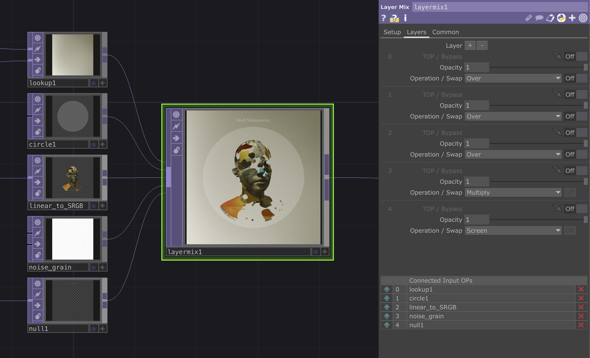 TouchDesigner interface showing different images being composited together using operators - image by Derivative